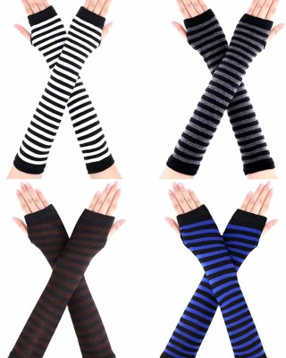 Bememo 4 Pairs Punk Gothic Long Fingerless Gloves Halloween Knitted Arm Warmer Elbow Length Gloves Thumb Hole Gloves