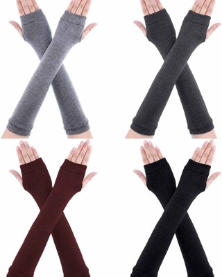 4 Pairs Long Fingerless Gloves Warmer Thumbhole Elbow Length Gloves for Women (Black, Light Grey, Dark Grey, Coffee)